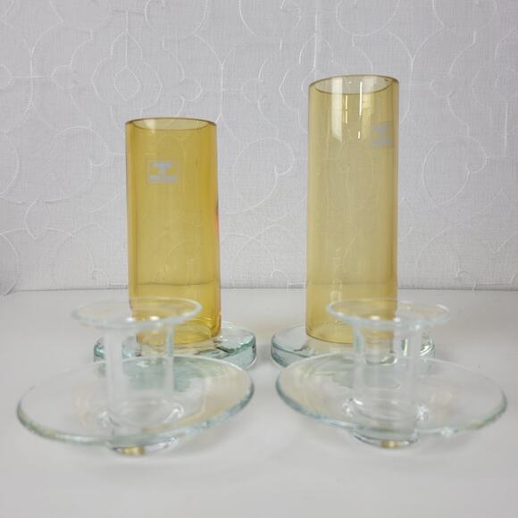VINTAGE Mid Century Modern Candle Sticks Yellow & Clear Glass Holder Set of 2 - Picture 4 of 16